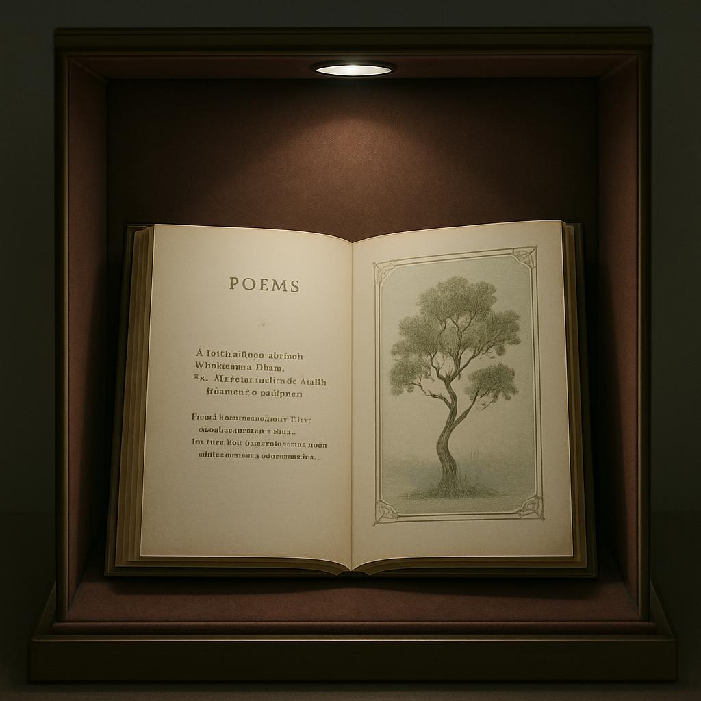 **Alt Text:** Thick book with antique poetry page lying open in a bookshelf lit rectangle cut-out in a black wall, spotlig...