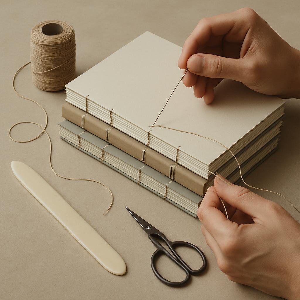 Una persona está cosiendo un libro.