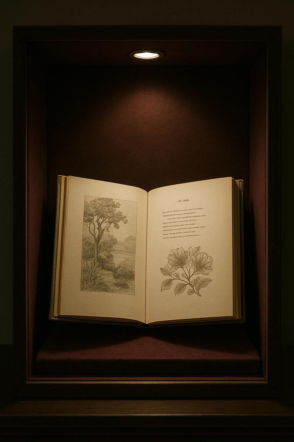 Una iluminada vitrina, cuatro libros de arte abiertos a la mitad, repleta de ilustraciones, dibujos y la belleza de los gr...